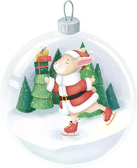 Christmas ball with funny rabbit inside - bright winter illustration. Background - winter landscape.