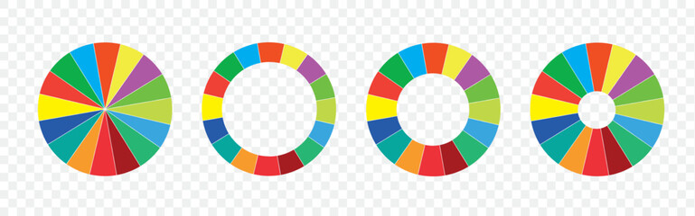 Obraz premium Color wheel guide. Floral patterns and palette isolated. RGB and CMYK colors. Pie charts diagrams. Set of different color circles. Infographic element round shape. Vector 