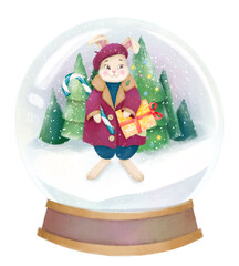 Christmas snow globe with rabbit. 2023.