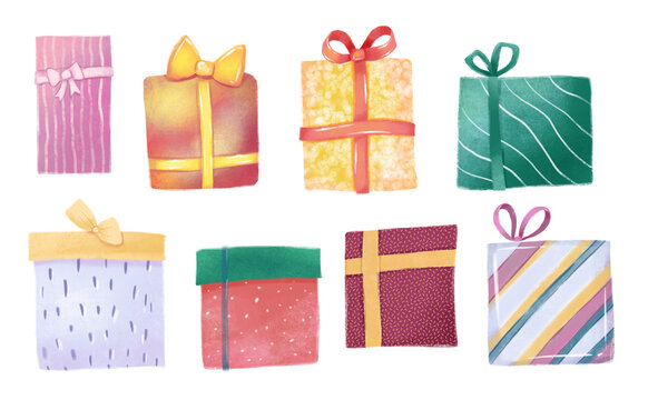 Bright gift boxes set, presents isolated on white background - hand painted illustration.