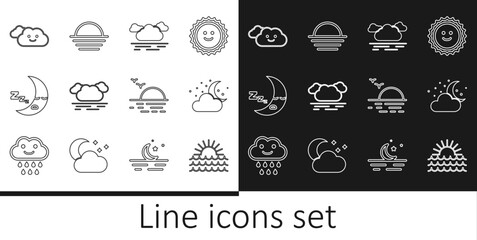 Set line Sunset, Cloud with moon and stars, Moon icon, and icon. Vector