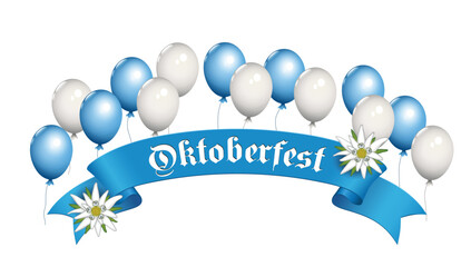 Oktoberfest Banderole mit Edelweiß und 
fliegende weiße und blaue Helium Luftballons,
Vektor Illustration isoliert auf weißem Hintergrund
 - obrazy, fototapety, plakaty