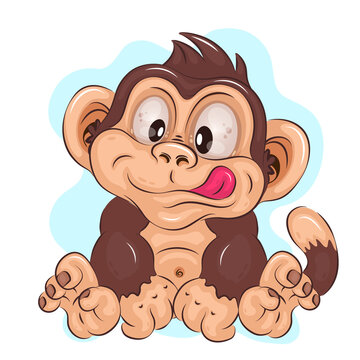 Funny Cartoon Monkey. A cute monkey character sitting with its paws spread out with its tongue hanging out. Cartoon mascot. Positive and unique design.