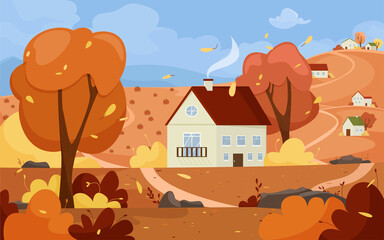 Obraz na płótnie Canvas Autumn landscape . Trees with falling leaves, mountains, houses and pumpkin harvest.Vector illustration of nature and forest. Autumn palette.
