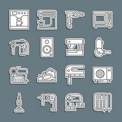 Set line Telephone, Air conditioner, Angle grinder, Electric drill machine, Stereo speaker, Rotary hammer, Coffee and cup and Sewing icon. Vector