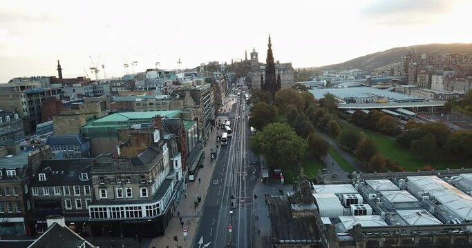 Sunrise drone shot of Princes Street, Edinburgh.