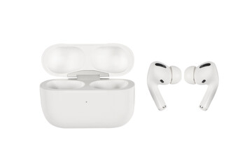 Modern wireless earbuds headphones with charging case isolated on white background. Earphones for...