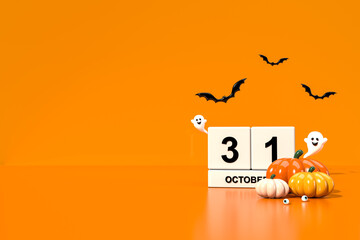 Halloween orange background with white wooden calendar on OCTOBER 31 decorated with ghosts, bats, and pumpkins with copy space. 3D rendering.