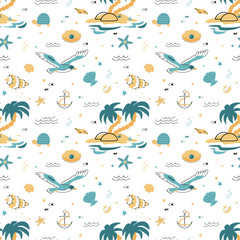 Cute seamless pattern nautical theme. Ocean and sea life background for children