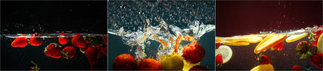 Photo collage of fresh fruits and berries in water