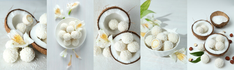 Photo collage of compositions with coconut candies