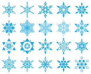 Snowflakes big set icons. Flake crystal silhouette collection. Happy new year, xmas, christmas. Snow, holiday, cold weather, frost. Winter design elements. Vector illustration.