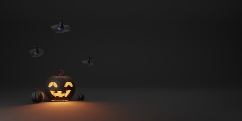 Happy Halloween background black tone with black pumpkins orange light and witch hat 3d illustration trick or treat