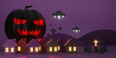 Happy Halloween background purple tone with black giant pumpkins, lighting, cross, and witch hat 3d illustration trick or treat