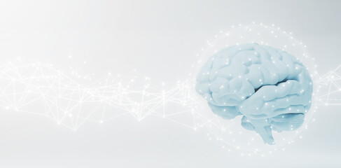 concept of brainstorming or Artificial intelligence with a blue color human brain on white background. brainstorming idea 3d illustration  - obrazy, fototapety, plakaty