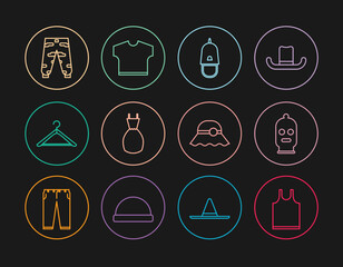 Set line Sleeveless T-shirt, Balaclava, Police cap with cockade, Woman dress, Hanger wardrobe, Camouflage cargo pants, Elegant women hat and icon. Vector
