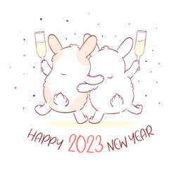 Two cute fat rabbits with champagne celebrating the New Year. Inscription Happy 2023 New Year. Square holiday card with animal - symbol of year according to Chinese calendar. Vector illustration EPS8