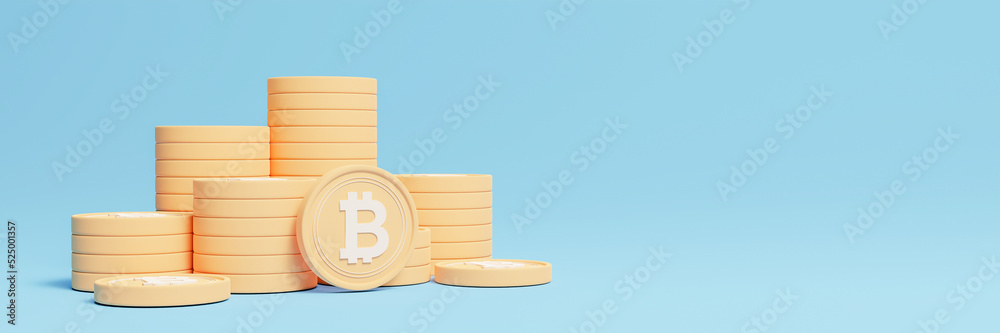 Canvas Prints 3D Golden Bitcoin crypto currency Stacking isolated on blue background. Yield farming involves lending or staking cryptocurrency exchange for interest and other rewards. used for website banners