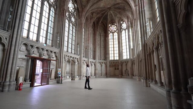Lonely Man In The Gothic Architectural Marvel of Saint Germain En Laye Old Castle Chapel - Static