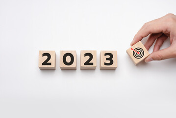2023 goals. Holding a wooden block with goals 2023 on white background. year ,new life, new business, plan, goals, strategy,  concept, business vision, business growth