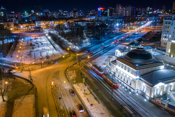 Fototapeta na wymiar Top view of historic building with night illumination in center of Yekaterinburg. Russia