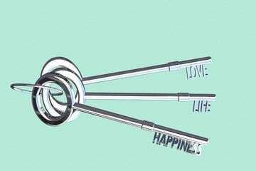 key to love concept key to life concept key to happiness concept bunch of keys 3d render silver keys
