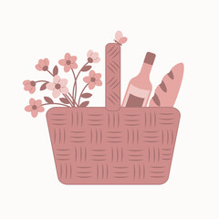 Fototapeta na wymiar Cute picnic basket with flowers, bread, bottle and butterfly.