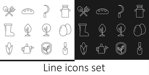 Set line Garden trowel spade or shovel, Chicken egg, Sickle, Tree, Waterproof rubber boot, Shovel and rake, and Bread loaf icon. Vector