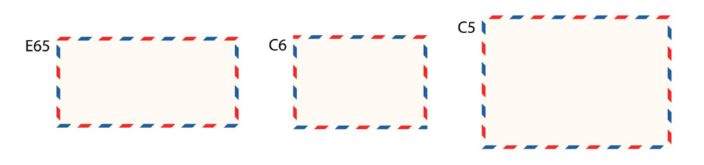 Air mail letter frames set. Airmail border with red and blue stripes. Retro vintage blank envelope template. Euro envelope E65. Vector illustration isolated on white background. - obrazy, fototapety, plakaty