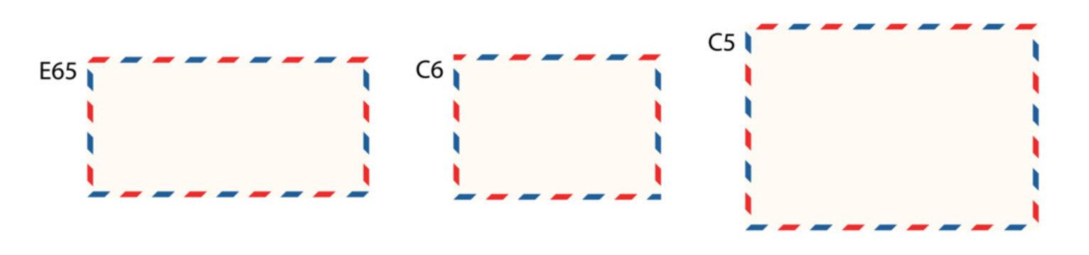 Air mail letter frames set. Airmail border with red and blue stripes. Retro vintage blank envelope template. Euro envelope E65. Vector illustration isolated on white background.