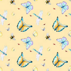 Grassland insects watercolor illustration seamless pattern on beige.