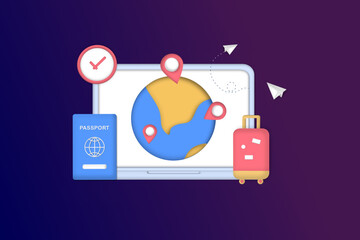 Traveling on airplane, planning for tourism on summer vacation concept. Business trip with passport and travel bag. Online ticket, travel booking and service concept. 3D minimalist vector illustration