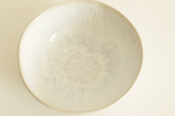 top view of empty white and blue bowl