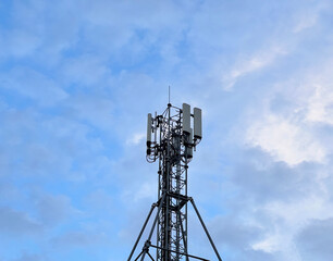 Telecommunication tower of 4G and 5G cellular. Wireless Communication Antenna Transmitter. Telecommunication tower with antennas. Macro Base Station.