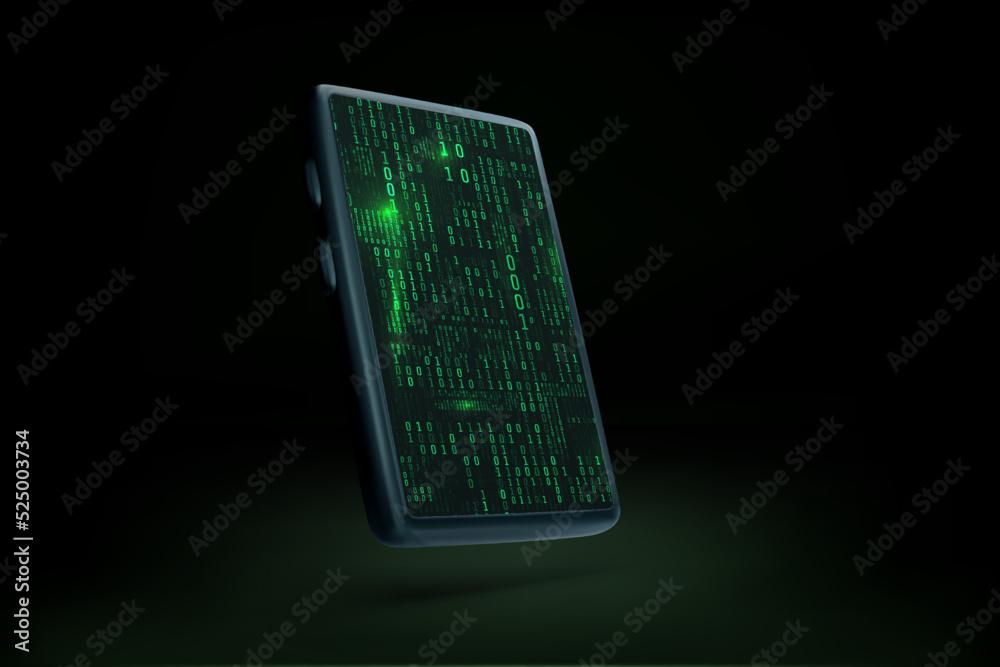 Wall mural 3D mobile phone with binary data stream in matrix style on screen. Abstract sci fi futuristic phone wallpaper mock up