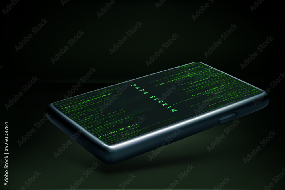 Poster random binary data stream on mobile phone screen. smartphone wallpaper mock up. matrix screen saver 