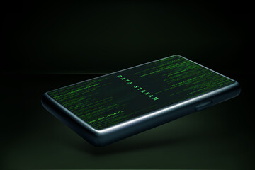 Random binary data stream on mobile phone screen. Smartphone wallpaper mock up. Matrix screen saver on telephone