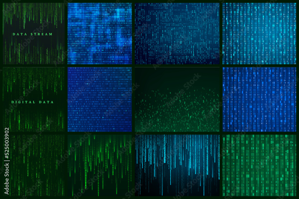 Poster Set of futuristic abstract background. Matrix style sci fi backdrop. Rendom generated binary data stream