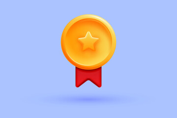 Winner medal with star and ribbon. Cartoon minimal style. Premium quality, quality guarantee symbol. Vector 3d illustration