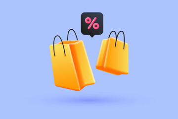 3d cartoon shopping bags floating with percent sign. Online shopping, sale promotion, discount concept. 3d vector illustration