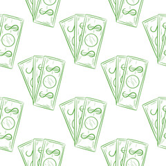 Hand drawn dollars seamless pattern. Background monetary units of America. Print green banknotes of cash on white background. Repeat template for textile, packaging and design vector illustration