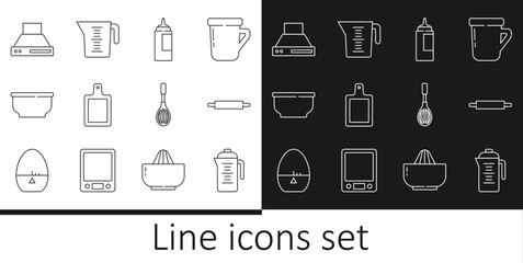 Set line Teapot, Rolling pin, Sauce bottle, Cutting board, Bowl, Kitchen extractor fan, whisk and Measuring cup icon. Vector