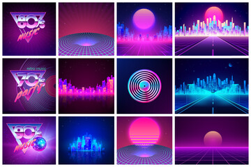Retro banners in 80s style in neon colors. Sci-fi futuristic landscape