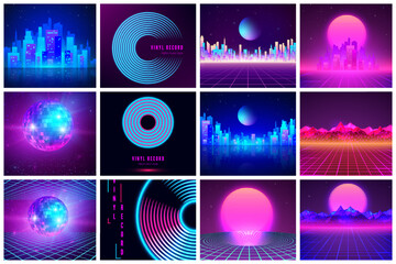 Set of retro illustration 80s. Mirror ball, vinyl record and futuristic landscape