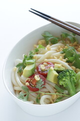 Japanese fusion food, broccoli and cherry tomato with avocado cold udon noodles for Summer cuisine 
