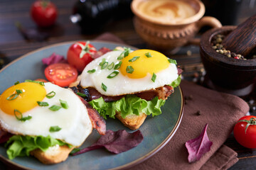 Tasty breakfast - fried egg toasts, bacon, tomatoes on wooden kitchen table