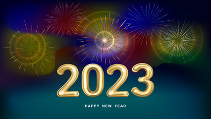 Holiday vector illustration of gold metal numbers 2023 with firework background.