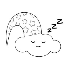 Coloring book for children. Draw a cute cartoon cloud sleeping in the clouds in a sleep cap based. Vector