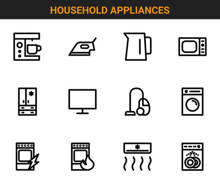 Household appliances linear icon set. Contains icons such as coffee machine, iron, electric kettle, microwave, refrigerator, vacuum cleaner, dishwasher and others.