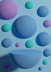 Bright, light sky blue 3d Illustration simple minimal product display background side view abstract colorful bubbles or spheres podium stand for product photography or wallpaper